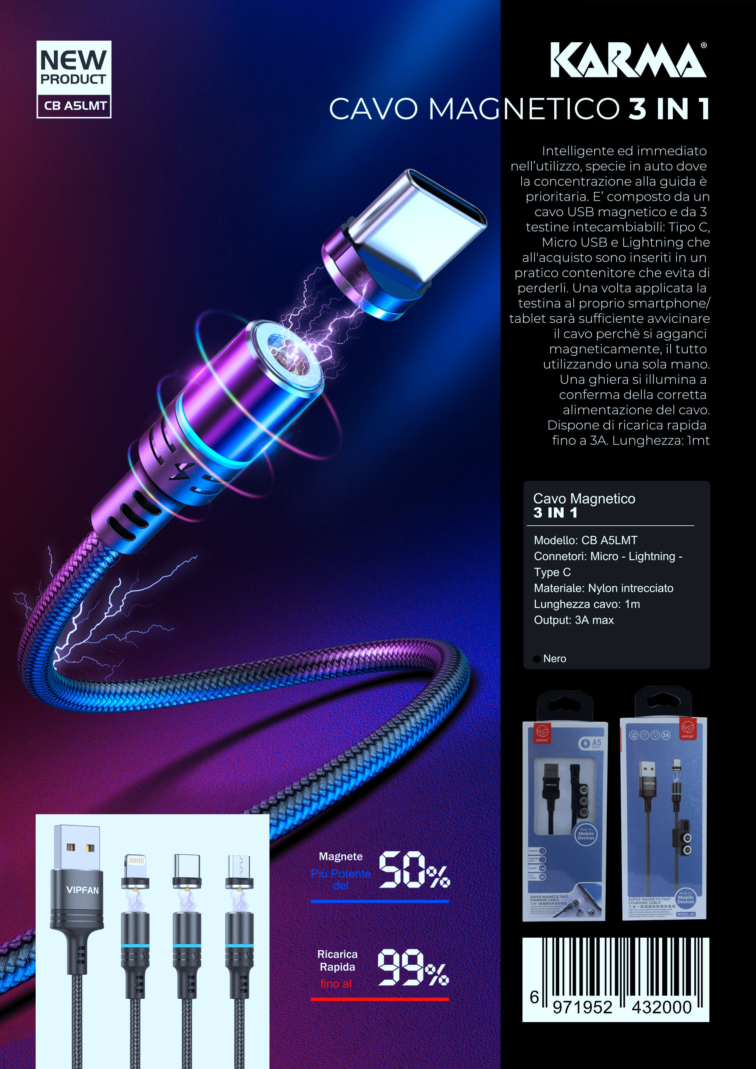 Cavo di ricarica magnetico 3A ricarica rapida e sincronizzazione dati 1M/2M Cavo USB magnetico 360° + 180° rotazione Cavo 3 in 1 per tutti gli smartphone Android Phone/Micro USB/Type C/USB C
